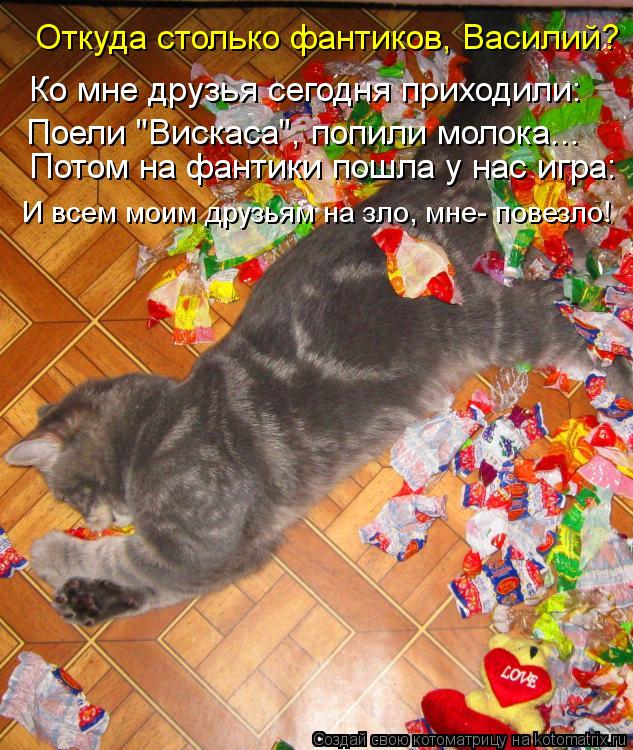 Котоматрица: Откуда столько фантиков, Василий? Ко мне друзья сегодня приходили: Поели "Вискаса", попили молока... Потом на фантики пошла у нас игра: И всем 