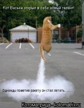 Котоматрица: Кот Васька открыл в себе новый талант! Однажды пометив ракету он стал летать.........