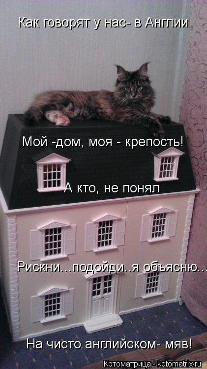 Котоматрица: Как говорят у нас- в Англии Мой -дом, моя - крепость! А кто, не понял Рискни...подойди..я объясню... На чисто английском- мяв!