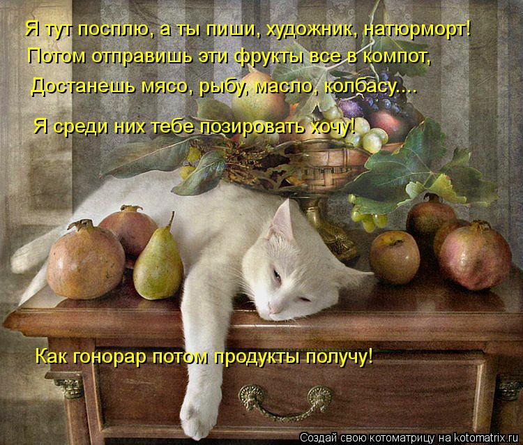 Котоматрица: Я тут посплю, а ты пиши, художник, натюрморт! Потом отправишь эти фрукты все в компот, Достанешь мясо, рыбу, масло, колбасу.... Я среди них тебе 