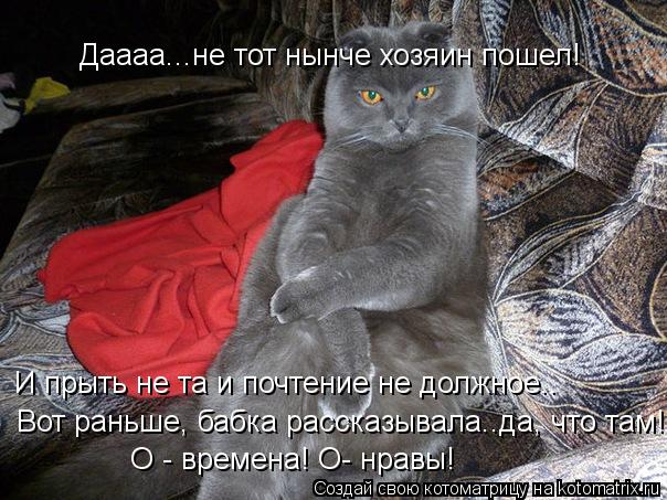 Котоматрица: Даааа...не тот нынче хозяин пошел! И прыть не та и почтение не должное.. Вот раньше, бабка рассказывала..да, что там! О - времена! О- нравы!