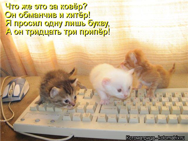 Что же это за ковёр? Он обманчив и хитёр! Я просил одну лишь букву, А он тридцать три припёр!... Котоматрица: Что же это за ковёр? Он обманчив и хитёр! Я просил одну лишь букву, А он тридцать три припёр!