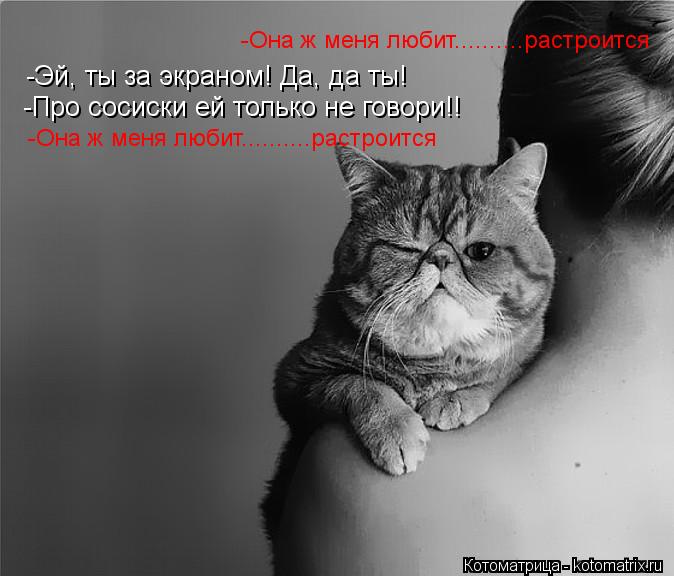 -Эй, ты за экраном! Да, да ты! -Про сосиски ей только не говори!! -Она ж меня любит..........растроит... Котоматрица: -Эй, ты за экраном! Да, да ты! -Про сосиски ей только не говори!! -Она ж меня любит..........растроится -Она ж меня любит..........растроится