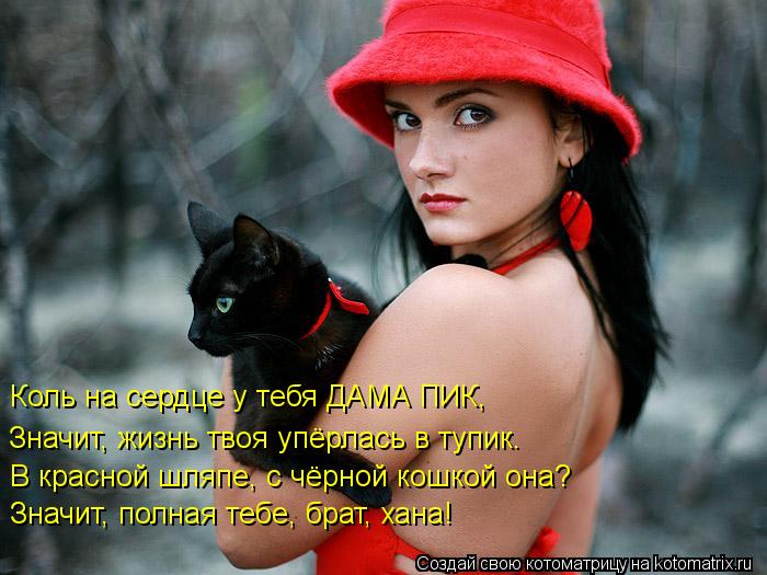 Котоматрица: Коль на сердце у тебя ДАМА ПИК, Значит, жизнь твоя упёрлась в тупик. В красной шляпе, с чёрной кошкой она? Значит, полная тебе, брат, хана!