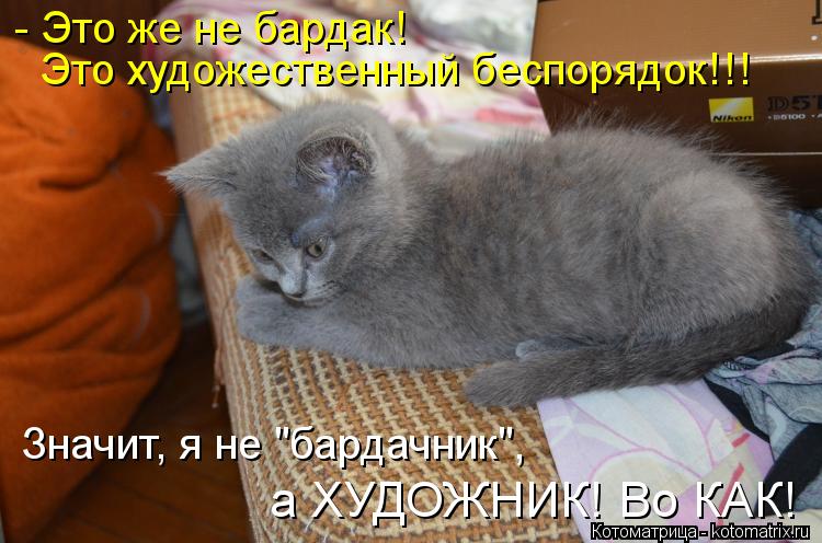 - Это же не бардак! Это художественный беспорядок!!! Значит, я не "бардачник", а ХУДОЖНИК! Во КАК!... Котоматрица: - Это же не бардак! Это художественный беспорядок!!! Значит, я не "бардачник", а ХУДОЖНИК! Во КАК!