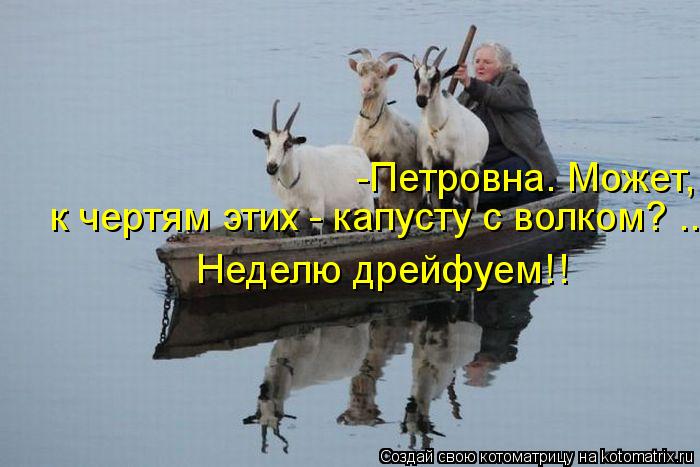 -Петровна. Может, к чертям этих - капусту с волком? .. Неделю дрейфуем!!... Котоматрица: -Петровна. Может, к чертям этих - капусту с волком? .. Неделю дрейфуем!!