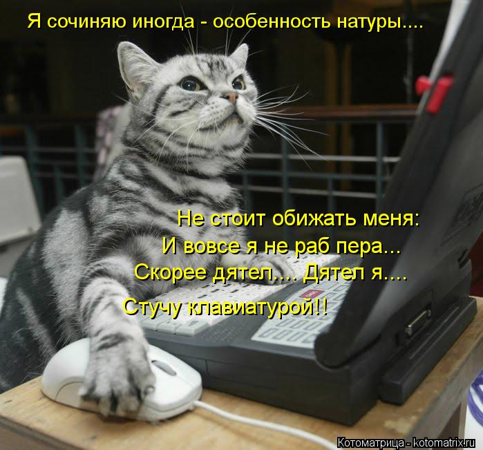 Я сочиняю иногда - особенность натуры.... Не стоит обижать меня: И вовсе я не раб пера... Скорее дяте... Котоматрица: Я сочиняю иногда - особенность натуры.... Не стоит обижать меня: И вовсе я не раб пера... Скорее дятел.... Дятел я.... Стучу клавиатурой!!