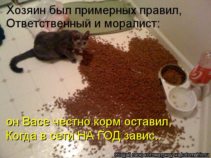 Хозяин был примерных правил, Ответственный и моралист: он Васе честно корм оставил, он Васе честно к... Котоматрица: Хозяин был примерных правил, Ответственный и моралист: он Васе честно корм оставил, он Васе честно корм оставил, Когда в сети НА ГОД завис...