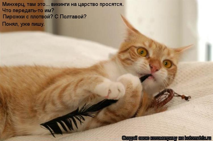 Котоматрица: Минхерц, там это... викинги на царство просятся. Что передать-то им? Пирожки с плотвой? С Полтавой? Понял, уже пишу.