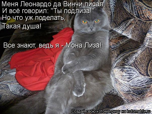 Котоматрица: Меня Леонардо да Винчи писал, И всё говорил: "Ты подлиза!" Но что уж поделать, Такая душа! Все знают, ведь я - Мона Лиза!