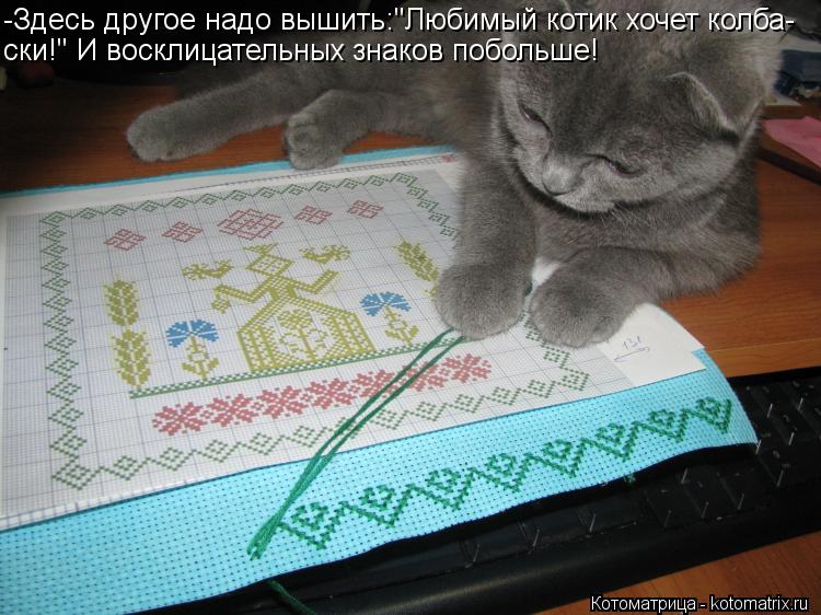 -Здесь другое надо вышить:"Любимый котик хочет колба- ски!" И восклицательных знаков побольше!... Котоматрица: -Здесь другое надо вышить:"Любимый котик хочет колба- ски!" И восклицательных знаков побольше!