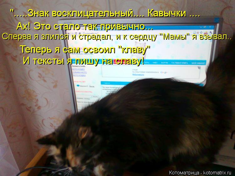 ".....Знак восклицательный.... Кавычки .... Ах! Это стало так привычно... Сперва я злился и страдал, ... Котоматрица: ".....Знак восклицательный.... Кавычки .... Ах! Это стало так привычно... Сперва я злился и страдал, и к сердцу "Мамы" я взывал.. Теперь я сам освоил "
