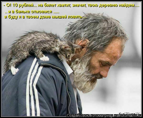 - О! 10 рублей... на билет хватит, значит, твою деревню найдем.... .. и в баньке отмоемся ..... и буд... Котоматрица: - О! 10 рублей... на билет хватит, значит, твою деревню найдем.... .. и в баньке отмоемся ..... и буду я в твоем доме мышей ловить....