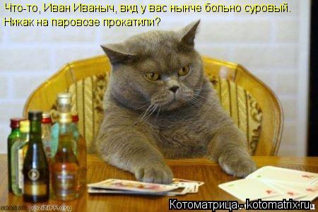Что-то, Иван Иваныч, вид у вас нынче больно суровый. Никак на паровозе прокатили?... Котоматрица: Что-то, Иван Иваныч, вид у вас нынче больно суровый. Никак на паровозе прокатили?