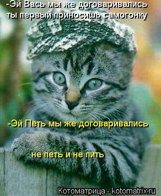 -Эй Вась мы же договаривались ты первый приносишь самогонку -Эй Петь мы же договаривались не петь ... Котоматрица: -Эй Вась мы же договаривались ты первый приносишь самогонку -Эй Петь мы же договаривались не петь и не пить