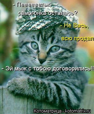 - Пеееееетьк, самогонка осталась? - Не Вась, всю продал. - Эй мыж с тобою договорились!!... Котоматрица: - Пеееееетьк, самогонка осталась? - Не Вась, всю продал. - Эй мыж с тобою договорились!!