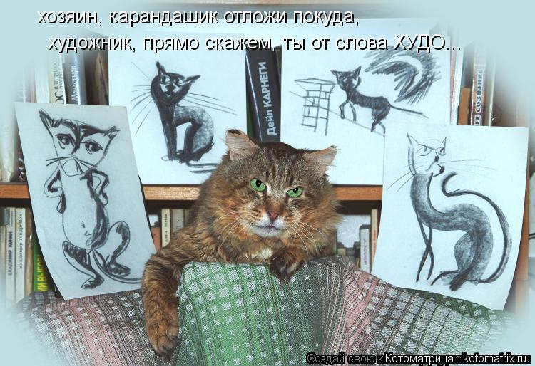 Котоматрица: хозяин, карандашик отложи покуда,  художник, прямо скажем, ты от слова ХУДО...