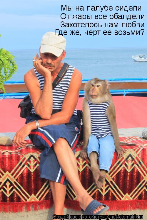 Котоматрица: Мы на палубе сидели От жары все обалдели Захотелось нам любви Где же, чёрт её возьми?