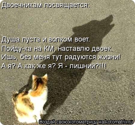 Котоматрица: Душа пуста и волком воет. Пойду-ка на КМ, наставлю двоек. Ишь, без меня тут радуются жизни! А я? А как же я? Я - лишний?!!! Двоечникам посвящается: