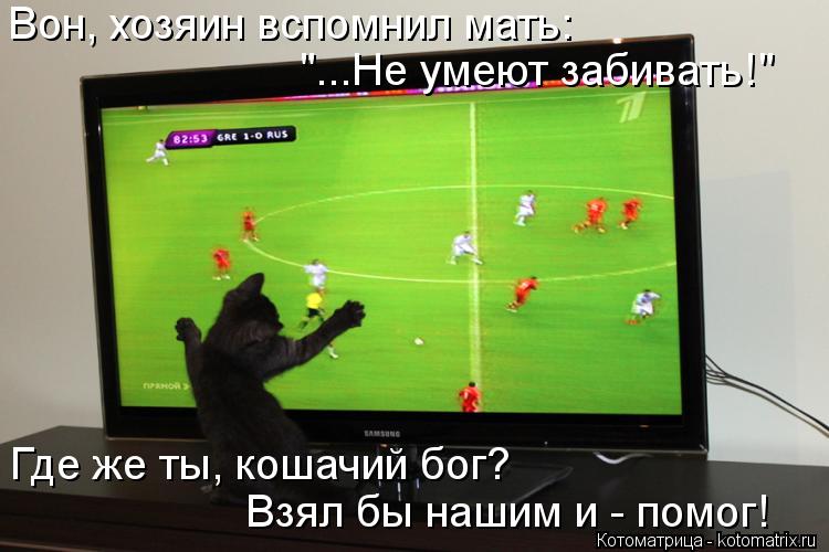 Котоматрица: Вон, хозяин вспомнил мать: Где же ты, кошачий бог? Взял бы нашим и - помог! "...Не умеют забивать!"