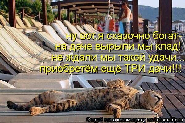 ну вот,я сказочно богат- на даче вырыли мы клад! не ждали мы такой удачи... приобретём ещё ТРИ дачи!!... Котоматрица: ну вот,я сказочно богат- на даче вырыли мы клад! не ждали мы такой удачи... приобретём ещё ТРИ дачи!!!