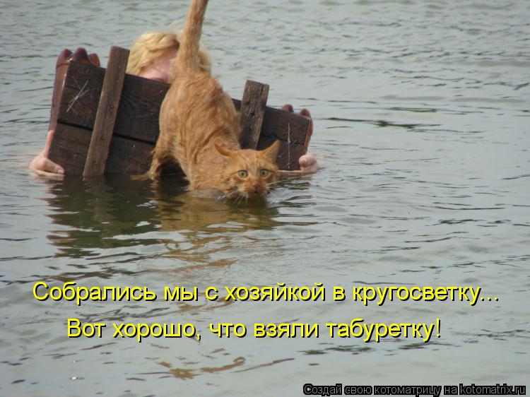 Котоматрица: Собрались мы с хозяйкой в кругосветку... Вот хорошо, что взяли табуретку!