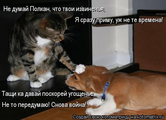 Не думай Полкан, что твои извиненья, Я сразу приму, уж не те времена! Тащи ка давай поскорей угощенье... Котоматрица: Не думай Полкан, что твои извиненья, Я сразу приму, уж не те времена! Тащи ка давай поскорей угощенье, Не то передумаю! Снова война!