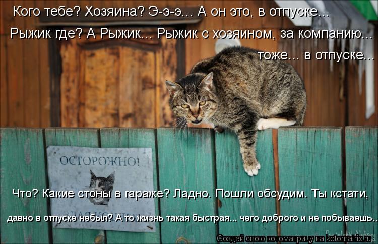 Котоматрица: Кого тебе? Хозяина? Э-э-э... А он это, в отпуске... Рыжик где? А Рыжик... Рыжик с хозяином, за компанию...  тоже... в отпуске... Что? Какие стоны в гараж