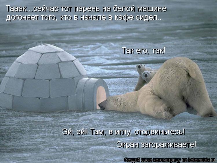 Котоматрица: Тааак...сейчас тот парень на белой машине догоняет того, кто в начале в кафе сидел... Эй, эй! Там, в иглу, отодвиньтесь! Экран загораживаете! Так