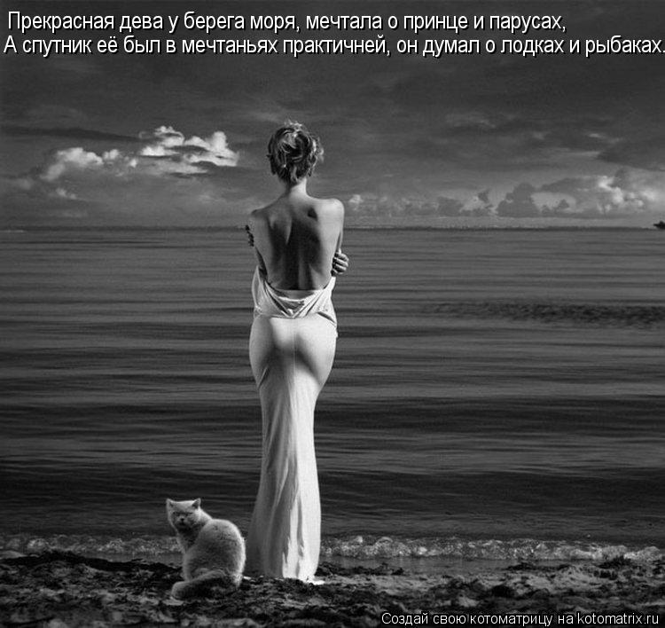 Прекрасная дева у берега моря, мечтала о принце и парусах, А спутник её был в мечтаньях практичней, о... Котоматрица: Прекрасная дева у берега моря, мечтала о принце и парусах, А спутник её был в мечтаньях практичней, он думал о лодках и рыбаках.