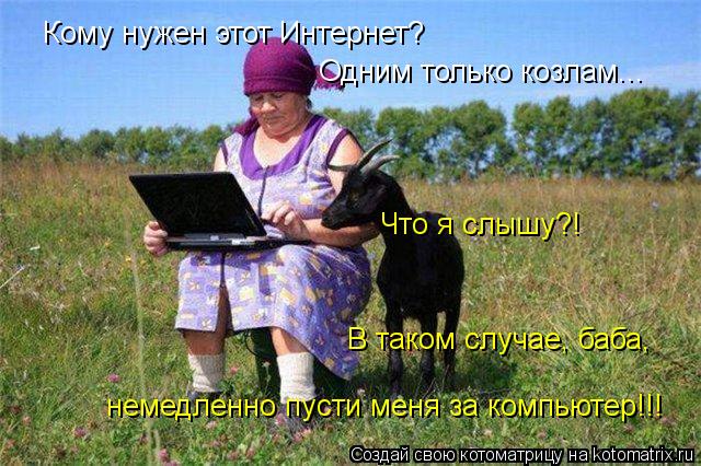 Котоматрица: Кому нужен этот Интернет? Что я слышу?! В таком случае, баба, немедленно пусти меня за компьютер!!! Одним только козлам...
