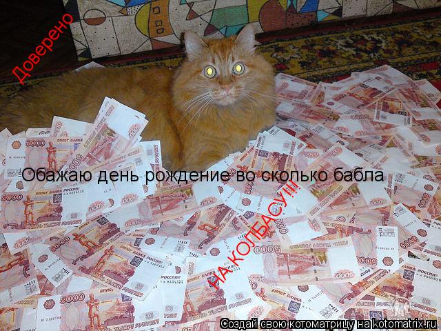 Котоматрица: Обажаю день рождение во сколько бабла  НА КОЛБАСУ!!! Доверено