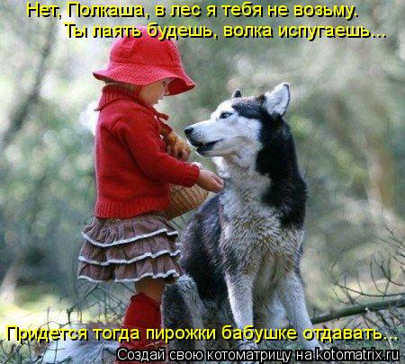 Нет, Полкаша, в лес я тебя не возьму. Ты лаять будешь, волка испугаешь... Придется тогда пирожки ба... Котоматрица: Нет, Полкаша, в лес я тебя не возьму. Ты лаять будешь, волка испугаешь... Придется тогда пирожки бабушке отдавать...