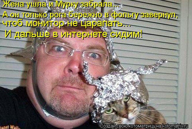 Жена ушла и Мурку забрала... А он только рога бережно в фольгу завернул, чтоб монитор не царапать... ... Котоматрица: Жена ушла и Мурку забрала... А он только рога бережно в фольгу завернул, чтоб монитор не царапать... И дальше в интернете сидим!