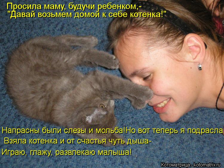 Просила маму, будучи ребенком,- "Давай возьмем домой к себе котенка!" Напрасны были слезы и мольба!Но... Котоматрица: Просила маму, будучи ребенком,- "Давай возьмем домой к себе котенка!" Напрасны были слезы и мольба!Но вот теперь я подрасла: Взяла котенка и о