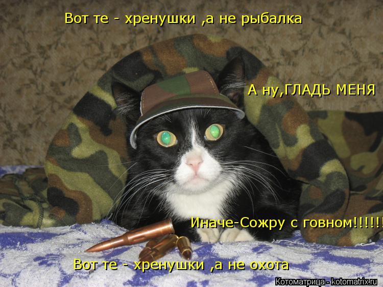 Котоматрица: Вот те - хренушки ,а не рыбалка Вот те - хренушки ,а не охота А ну,ГЛАДЬ МЕНЯ Иначе-Сожру с говном!!!!!!!!