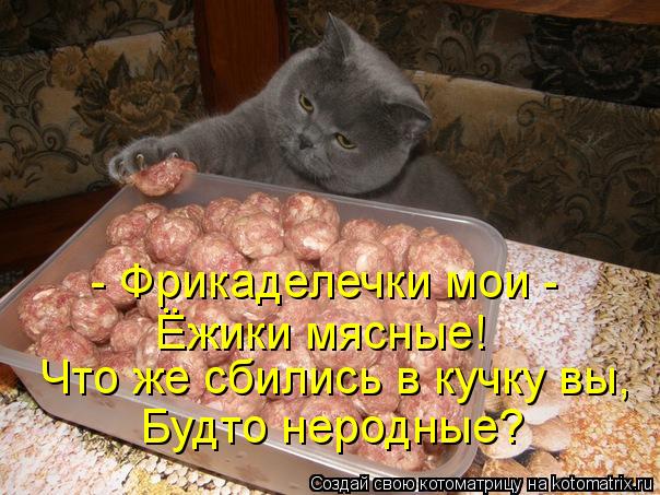 - Фрикаделечки мои - Ёжики мясные! Что же сбились в кучку вы, Будто неродные?... Котоматрица: - Фрикаделечки мои - Ёжики мясные! Что же сбились в кучку вы, Будто неродные?