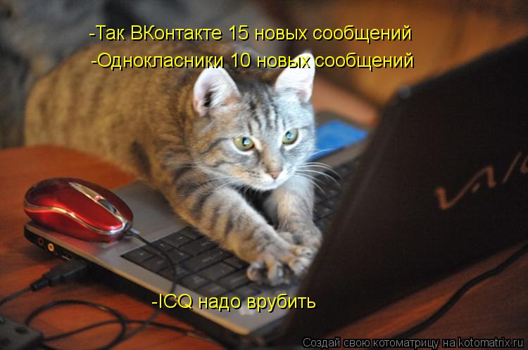 Котоматрица: -Так ВКонтакте 15 новых сообщений -Так ВКонтакте 15 новых сообщений -Однокласники 10 новых сообщений -ICQ надо врубить