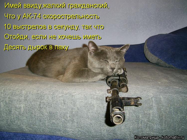 Котоматрица: Имей ввиду,жалкий гражданский, 10 выстрелов в секунду, так что  Отойди, если не хочешь иметь  Десять дырок в паху Что у АК-74 скорострельность