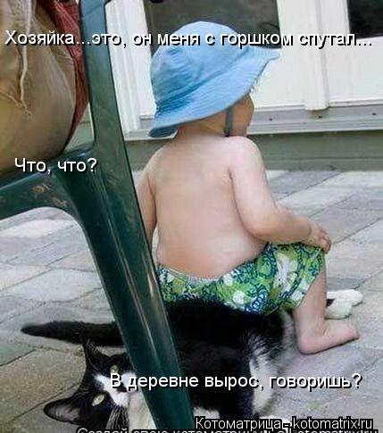 Котоматрица: Хозяйка...это, он меня с горшком спутал... Что, что? В деревне вырос, говоришь?