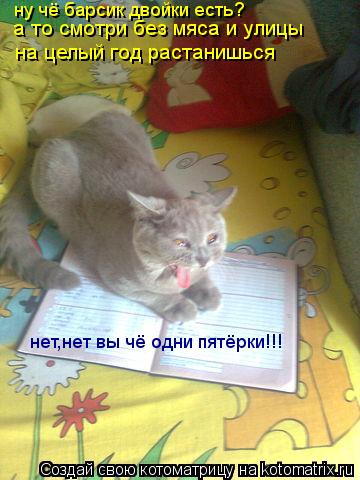 ну чё барсик двойки есть? нет,нет вы чё одни пятёрки!!! а то смотри без мяса и улицы на целый год рас... Котоматрица: ну чё барсик двойки есть? нет,нет вы чё одни пятёрки!!! а то смотри без мяса и улицы на целый год растанишься