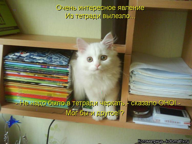 Очень интересное явление - Не надо было в тетради черкать,- сказало ОНО! - Мог бы и другое!? Из тетр... Котоматрица: Очень интересное явление - Не надо было в тетради черкать,- сказало ОНО! - Мог бы и другое!? Из тетради вылезло...