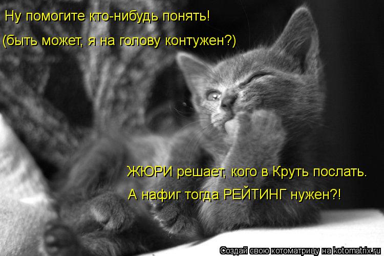 (быть может, я на голову контужен?) ЖЮРИ решает, кого в Круть послать. А нафиг тогда РЕЙТИНГ нужен?! ... Котоматрица: (быть может, я на голову контужен?) ЖЮРИ решает, кого в Круть послать. А нафиг тогда РЕЙТИНГ нужен?! Ну помогите кто-нибудь понять!