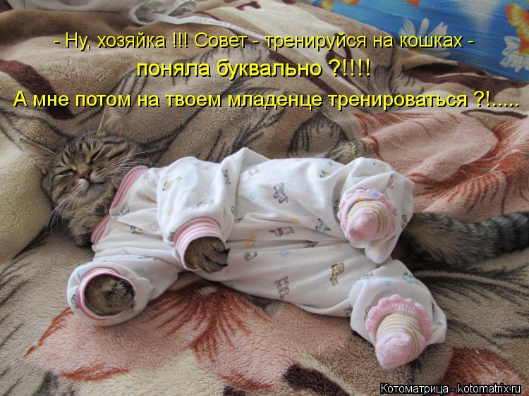 Котоматрица: - Ну, хозяйка !!! Совет - тренируйся на кошках -  поняла буквально ?!!!! А мне потом на твоем младенце тренироваться ?!.....