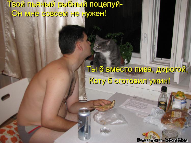 Котоматрица: Твой пьяный рыбный поцелуй- Он мне совсем не нужен! Ты б вместо пива, дорогой, Коту б сготовил ужин!