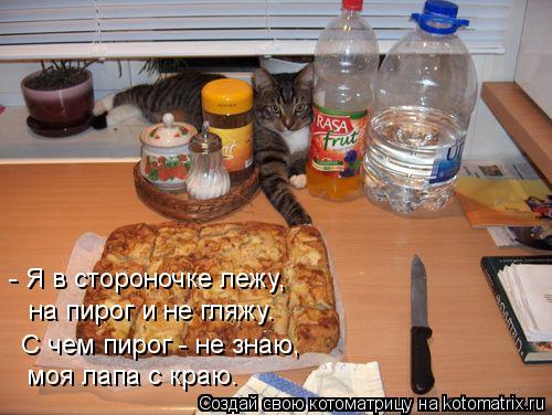 - Я в стороночке лежу, на пирог и не гляжу. С чем пирог - не знаю, моя лапа с краю.... Котоматрица: - Я в стороночке лежу, на пирог и не гляжу. С чем пирог - не знаю, моя лапа с краю.