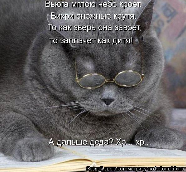 Котоматрица: Вьюга мглою небо кроет. Вихри снежные крутя. То как зверь она завоет, то заплачет как дитя! А дальше деда? Хр... хр...