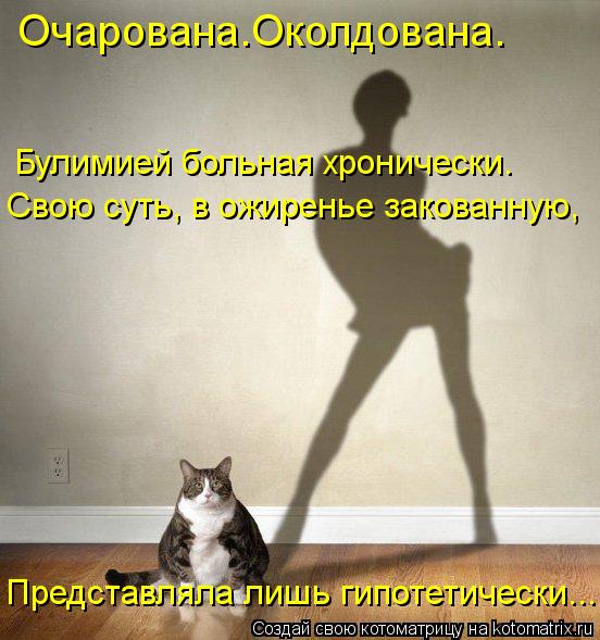 Котоматрица: Очарована.Околдована.  Булимией больная хронически. Представляла лишь гипотетически... Свою суть, в ожиренье закованную,