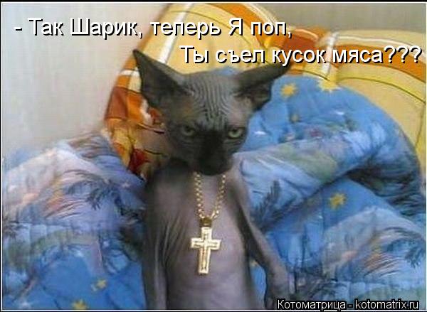 Котоматрица: - Так Шарик, теперь Я поп, Ты съел кусок мяса???