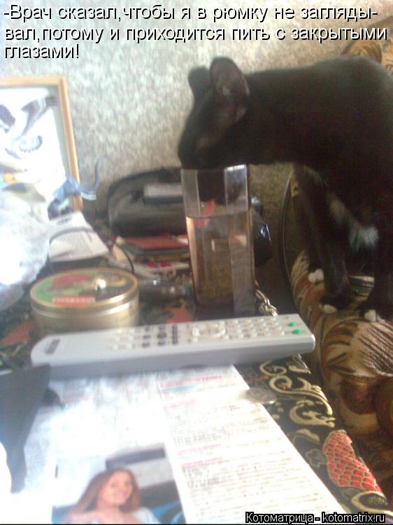 Котоматрица: -Врач сказал,чтобы я в рюмку не загляды- вал,потому и приходится пить с закрытыми глазами!